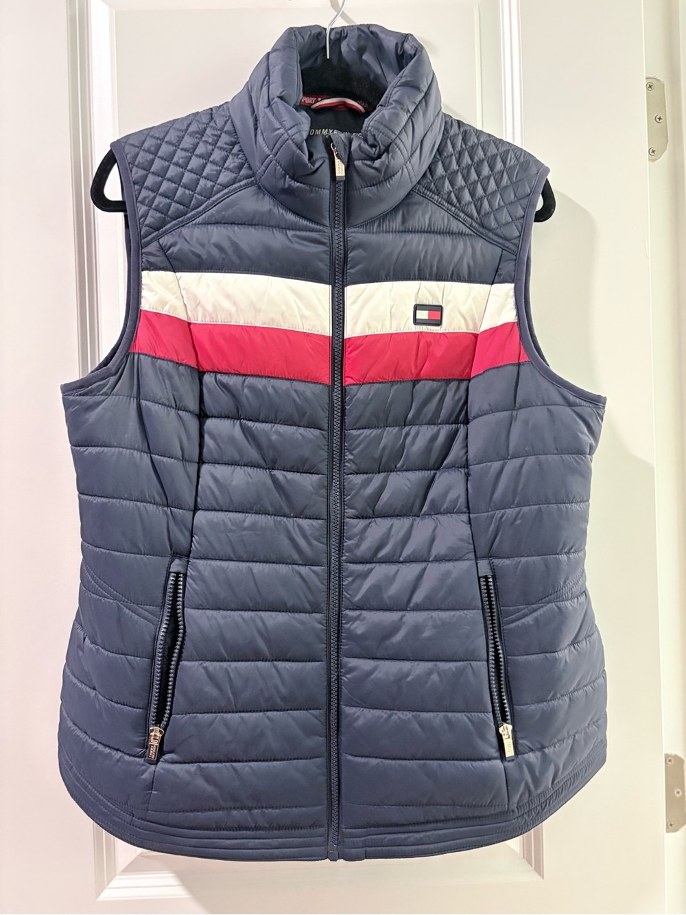 Tommy Hilfiger Navy Quilted Puffer Vest with Red & White Chest Stripe